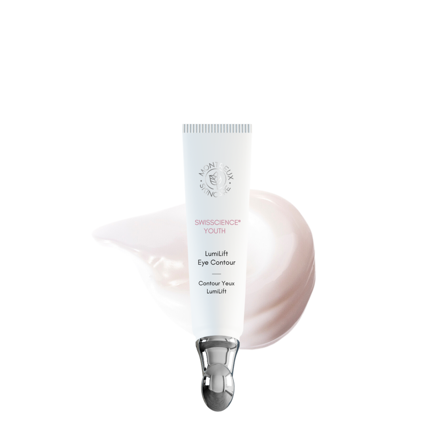 Product picture of the LumiLift Eye Contour of the brand Montreux Skincare created with Narcissus flower with a drop of its light and creamy texture behind