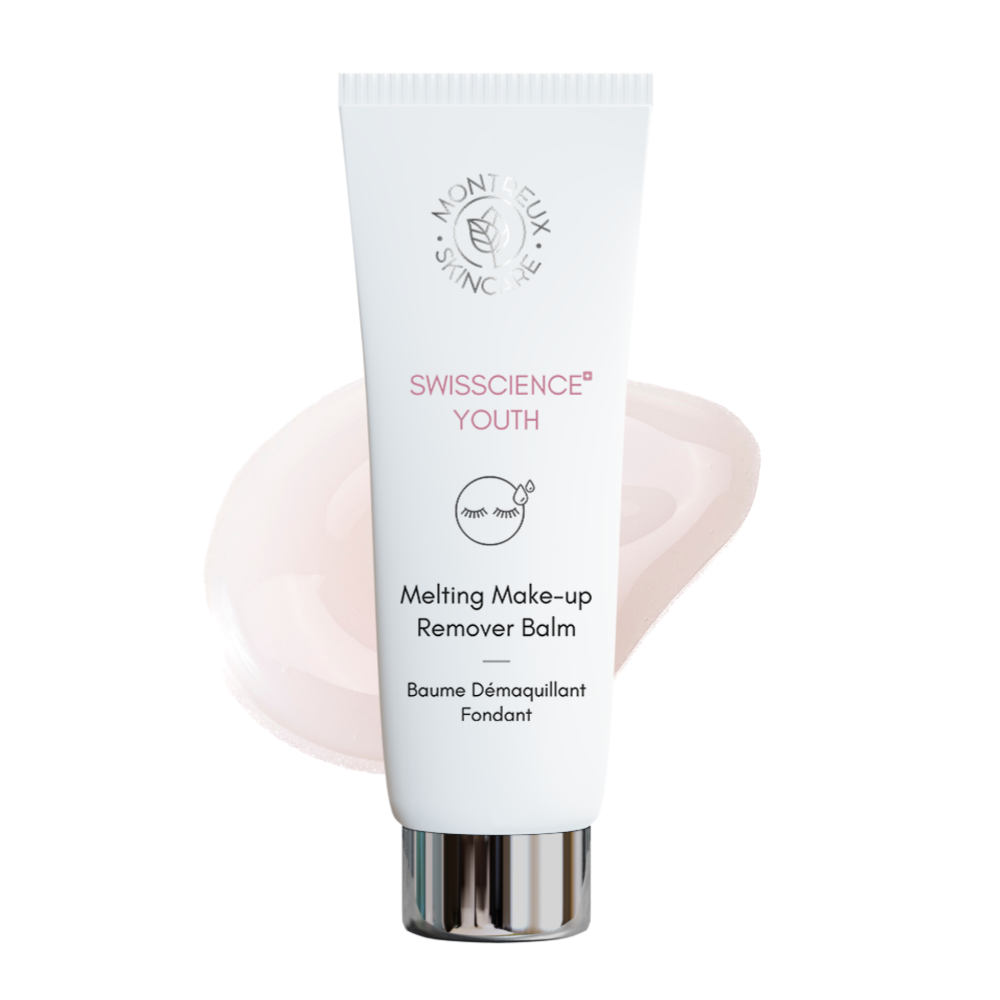 Product picture of the Melting Make-up Remover Balm of the brand Montreux Skincare created with Narcissus flower with a drop of its creamy and soft texture behind