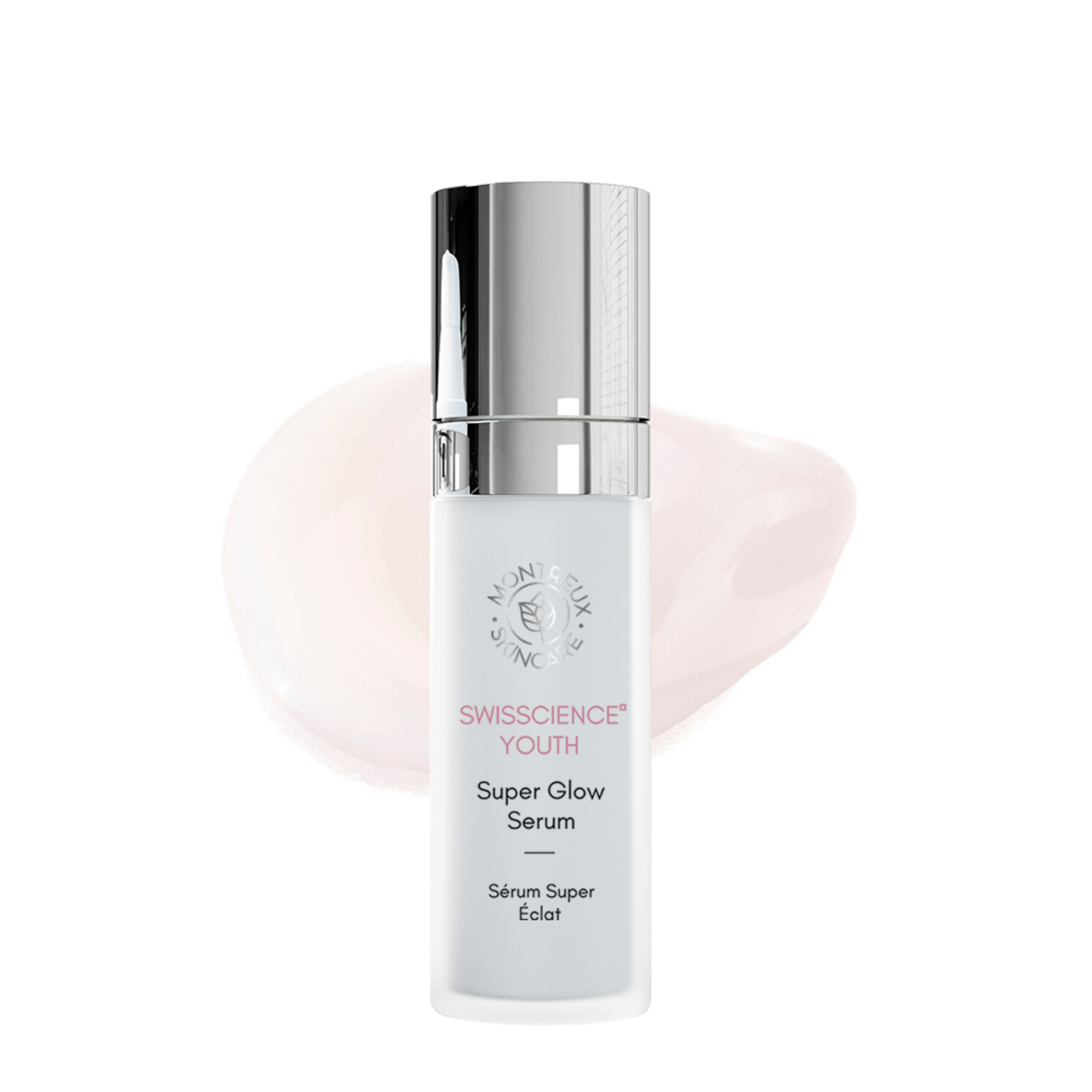 Product picture of the Super Glow Serum of the brand Montreux Skincare created with Narcissus flower  with Narcissus flower with a drop of its creamy and soft texture behind